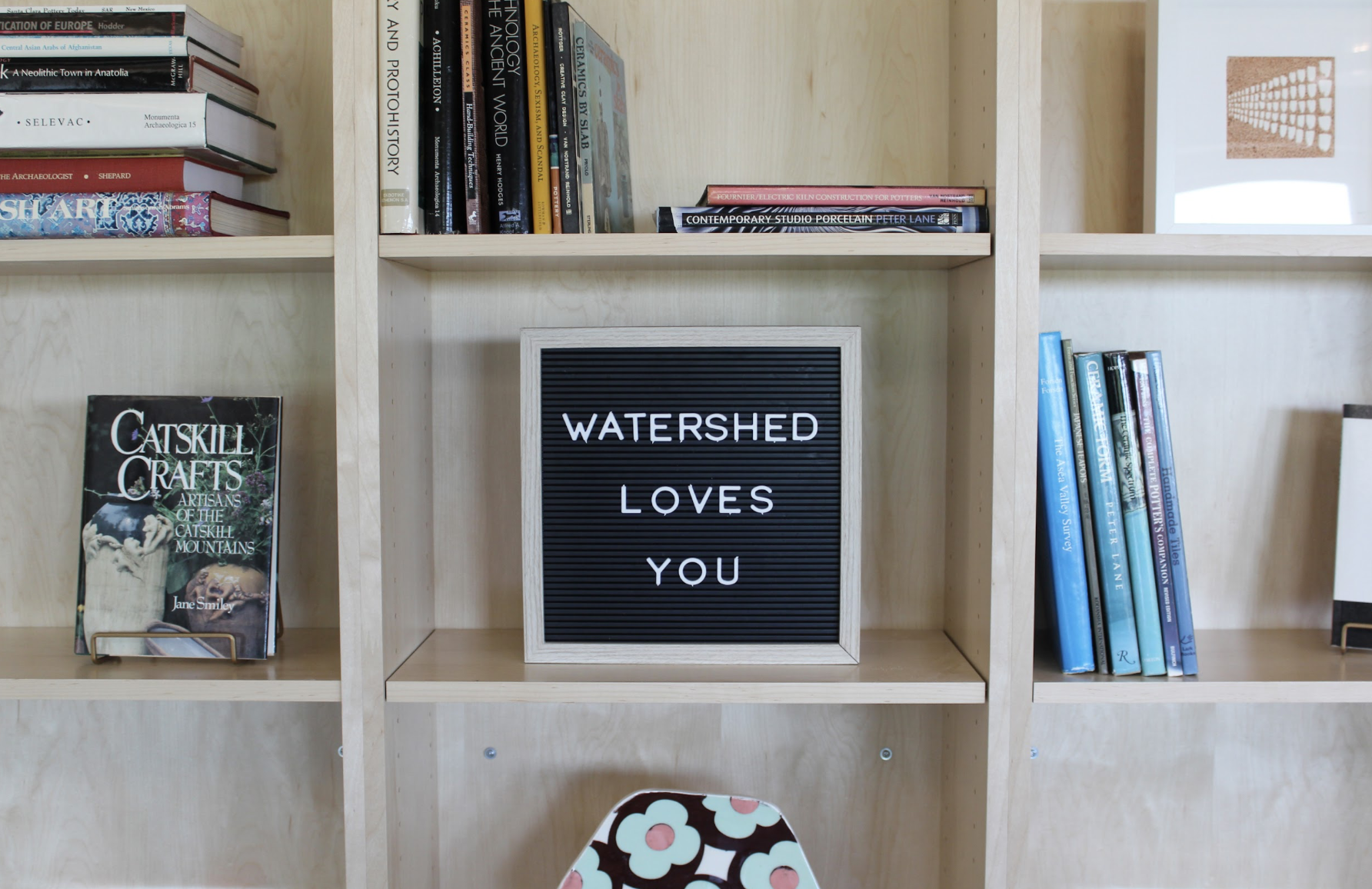 Book shelves in the Commons building, Watershed Center for the Ceramic Arts