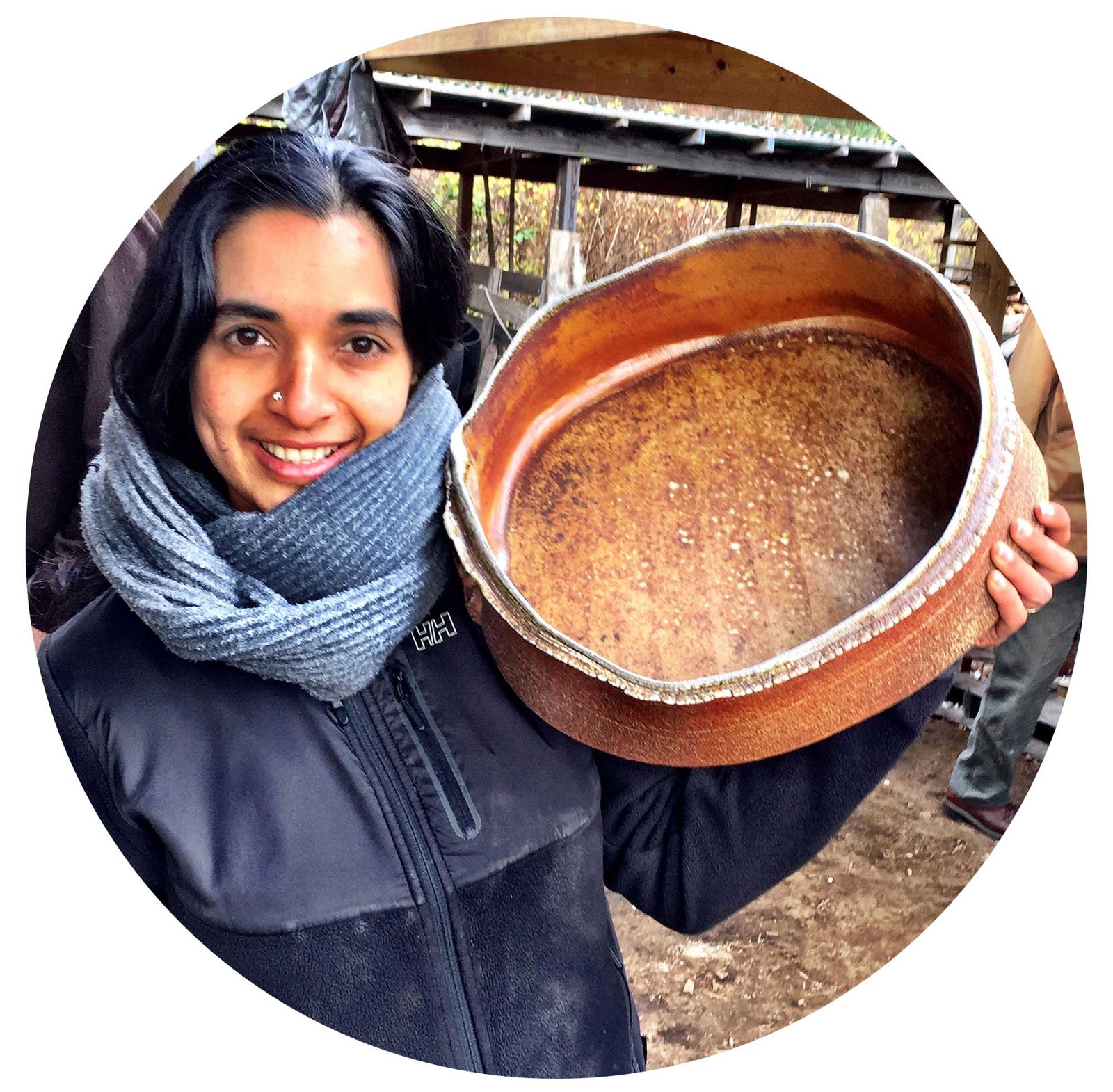 Bhat during the unloading of her work from Chris Gustin's kiln, South Dartmouth, Massachusetts. Photo by Hollis Engley, 2016.