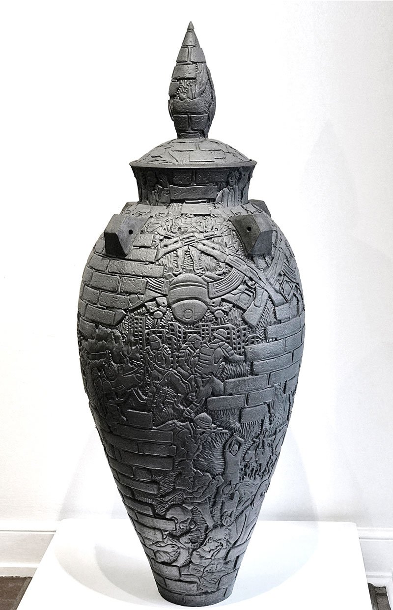 Lukas Easton. National Priorities, 2017. 5 ft. tall. Cone 10 Stoneware. Photograph by Hollis Engley. Lukas Easton. National Priorities, 2017. 5 ft. tall. Cone 10 Stoneware. Photograph by Hollis Engley.