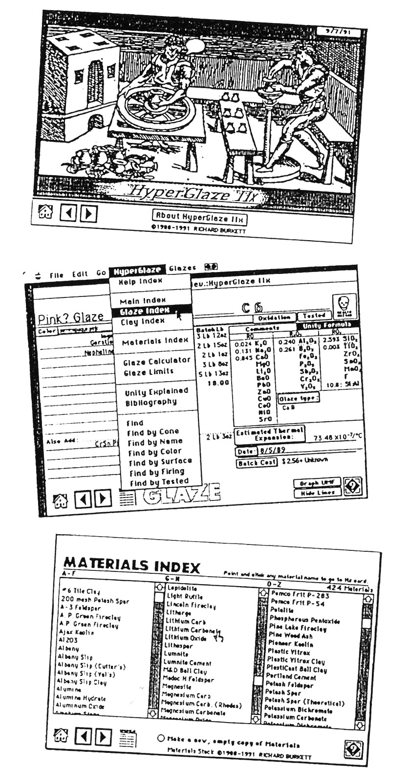 HyperGlaze software screenshots, 1992. 