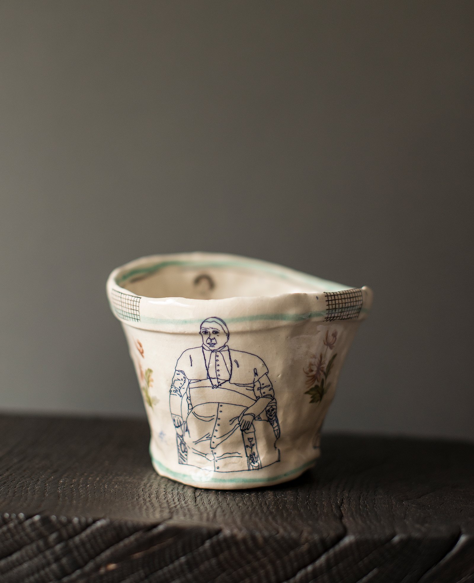 Eglin says that this bowl is mildly irreverent, flippant and also an oblique reference to the recent transgressions of the Catholic Church. Untitled Teabowl, Philip Eglin, 2014, 8.9 cm high. Photo Credit: Michael Harris; Oxford Ceramics Gallery