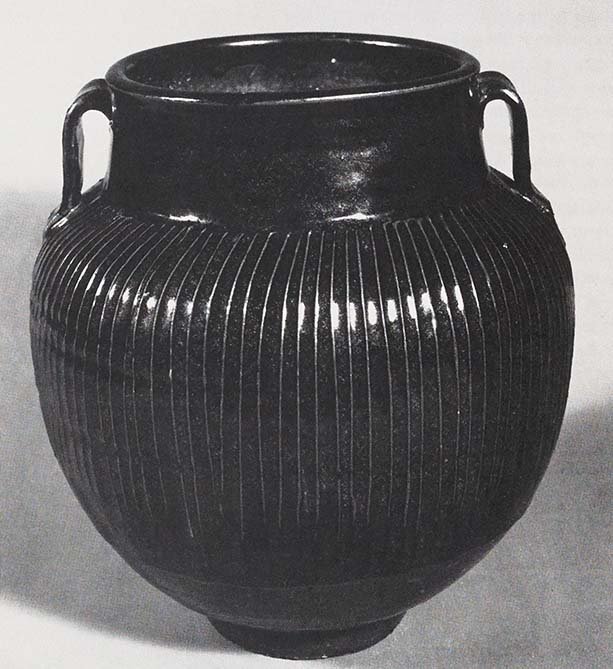 Large jar, Chinese, Northern Sung period, 11th century T'zu-chou ware, Black-glazed stoneware with applied ribing.