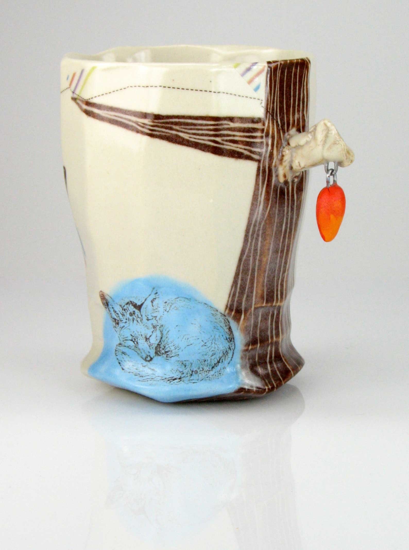 Wait!, 2015. Porcelain, decals, and wire, thrown and altered, fired to Cone 6, 03, and 014 in oxidation. 4.5 x 4 x 3.25 in. Photograph by Grace Sheese. Wait!, 2015. Porcelain, decals, and wire, thrown and altered, fired to Cone 6, 03, and 014 in oxidation. 4.5 x 4 x 3.25 in. Photograph by Grace Sheese.