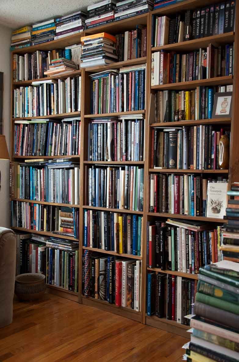 A few of the many, many shelve of pottery books in the author's home in Ashford, Connecticut. Photograph by Joseph Szalay, 2018.