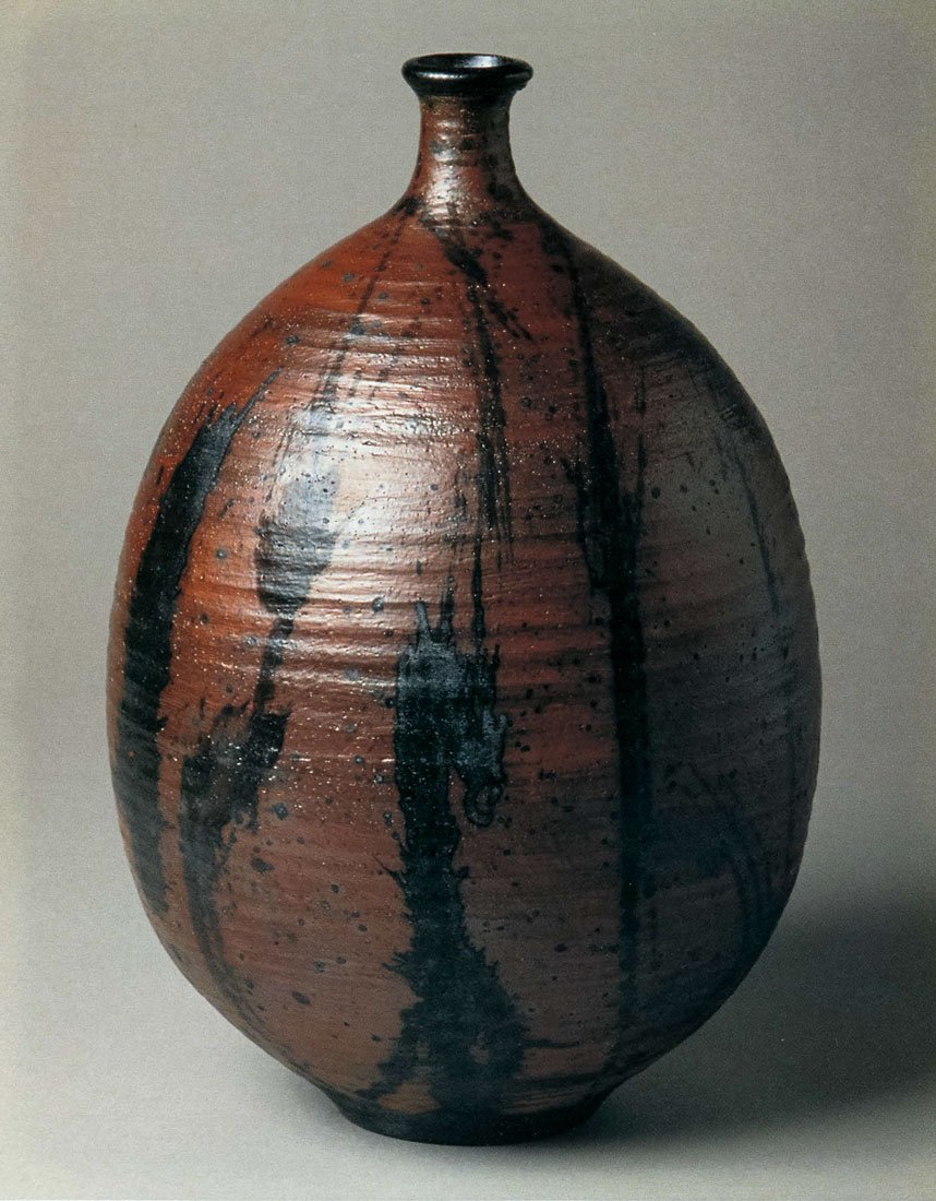 Woodfired Bottle. Stonewaree, Avery Slip Brushed With Black Slip. 15 in. x 9 in. 1993. Woodfired Bottle. Stonewaree, Avery Slip Brushed With Black Slip. 15 in. x 9 in. 1993.