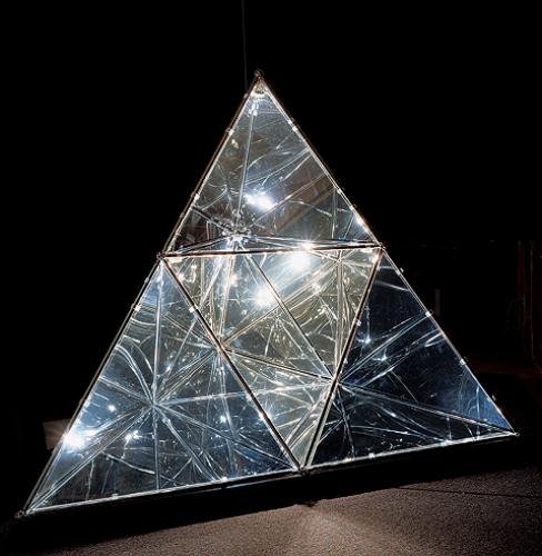 Harriet Brisson. Kaleidoscope 2001. Two-way mirror plexiglas, chrome-plated steel, halogen lights, 96 x 100 in. From Brisson's 50NOW Retrospective Exhibiton Catalog. Harriet Brisson. Kaleidoscope 2001. Two-way mirror plexiglas, chrome-plated steel, halogen lights, 96 x 100 in. From Brisson's 50NOW Retrospective Exhibiton Catalog.