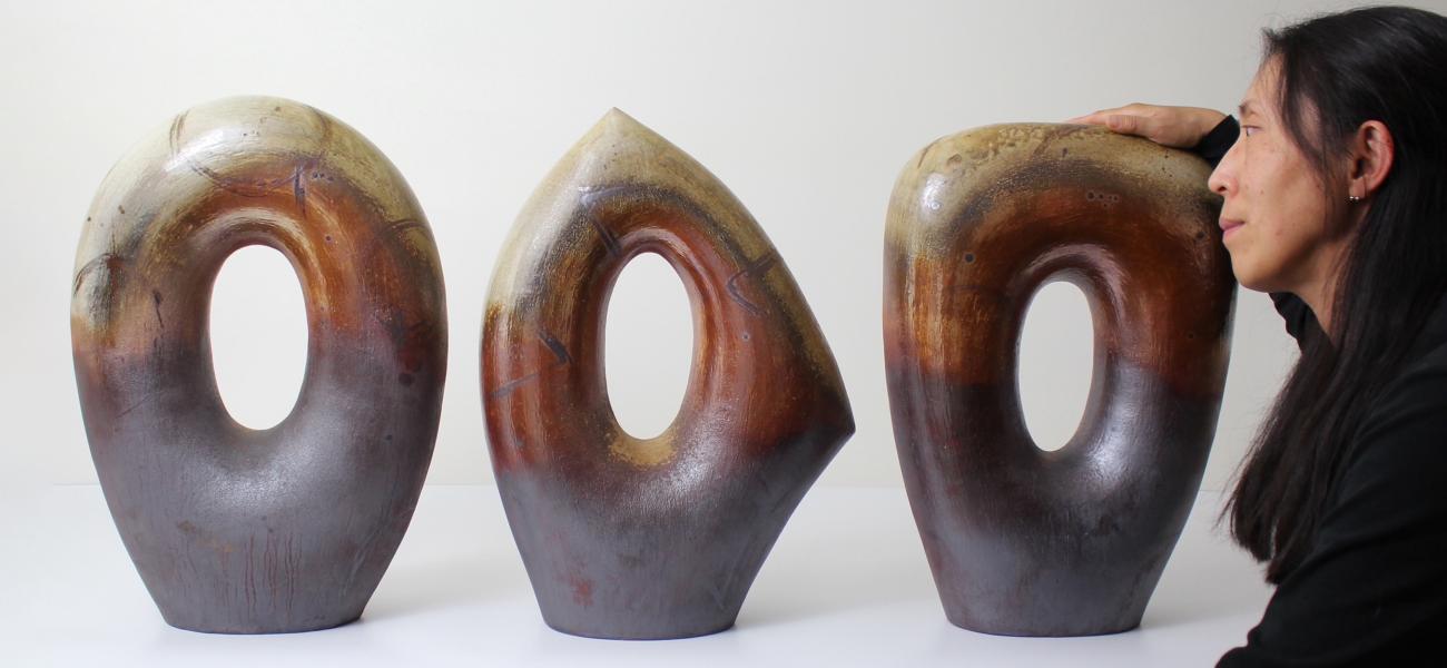 Hitomi Shibata’s wood-fired sculpture. 22” H each.