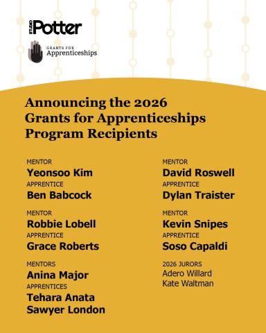 Graphic naming the 5 teams who received the 2026 Grants for Apprenticeships. Underneath the Studio Potter and GAP logos, black text appears on an arched yellow background.