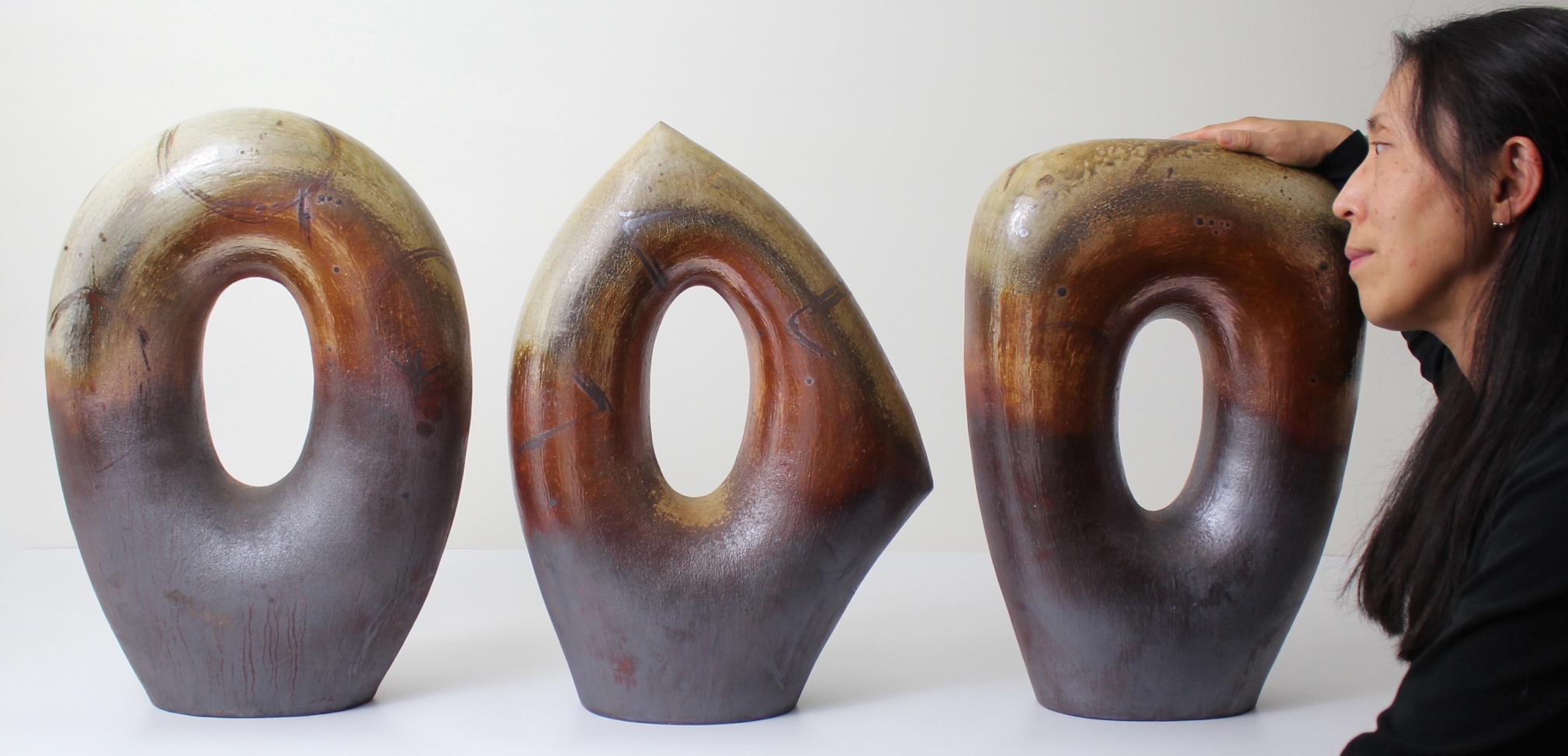 Hitomi Shibata’s wood-fired sculpture. 22” H each.