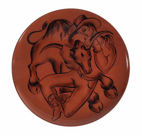 Rodeo Plate by Don Schreckengost, 1941. 2.25 inch height x 19 inch diameter. Gift of IBM Corporation, 10th Ceramic<br />
National: Contemporary Ceramics of the Western Hemisphere, 1941. Everson Museum of Art, 63.43.