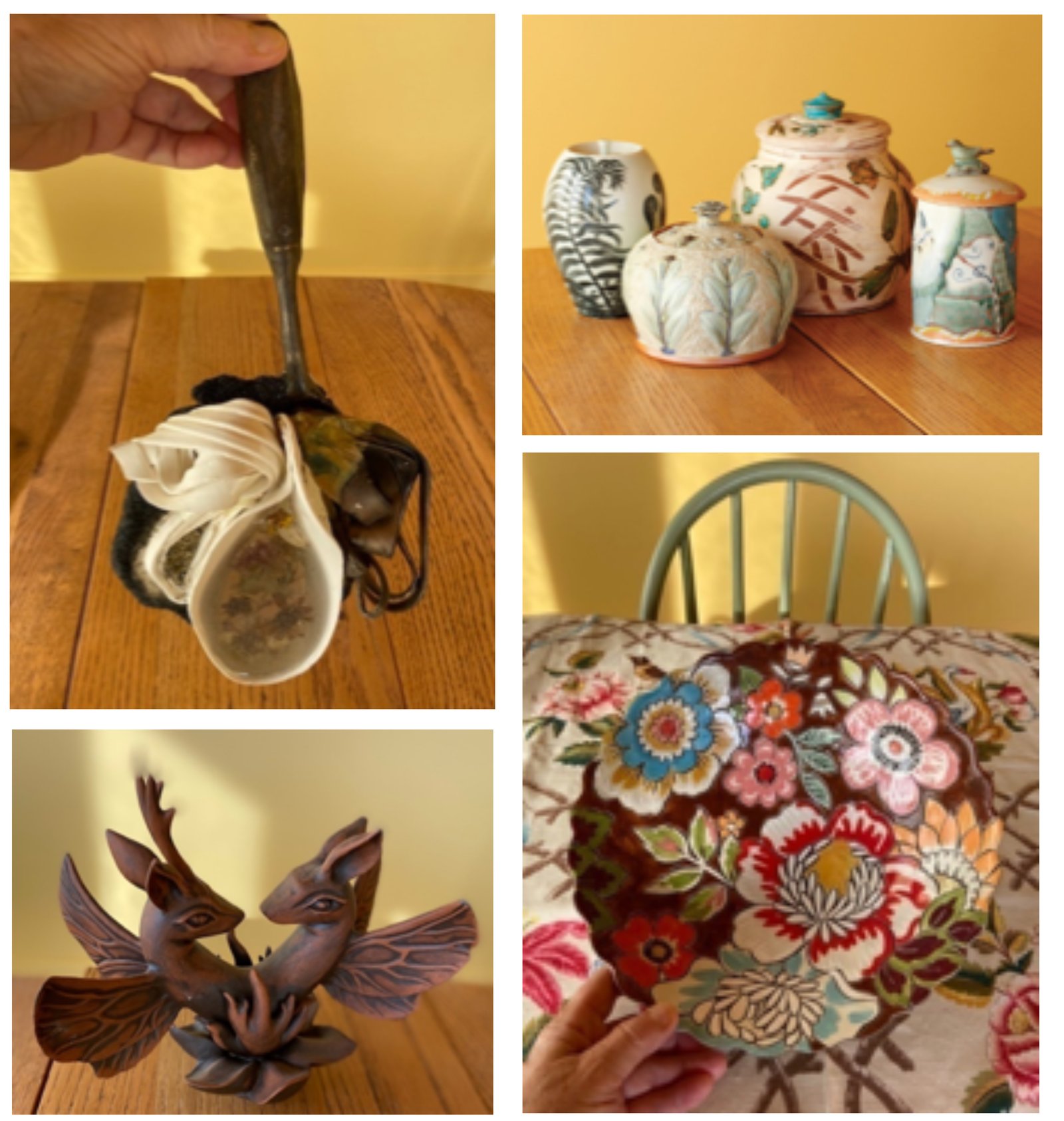 Clockwise from upper left: Chotsani Elaine Dean, Spoon, 13.5 x 3 x 5; Grouping of various works by Yoko Sekino-Bové, Colleen Riley, Maria Dondero, and Lynn Smiser Bowers; Colleen McCall, Plate, 11 x 4 x 3.25; Rebekah Bogard, Sculpture, 8 x 7 x 1.75.