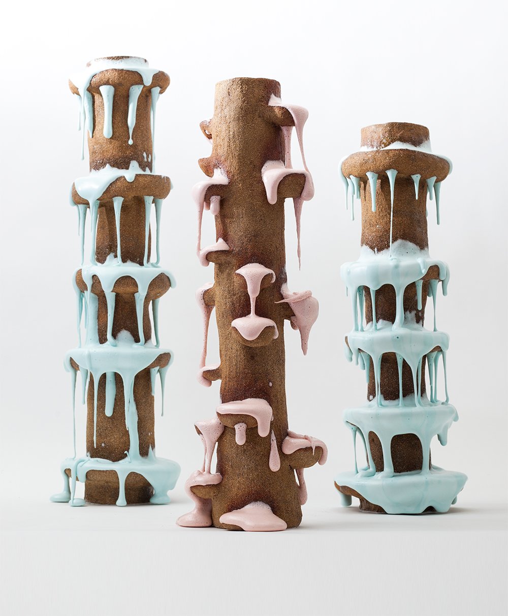 Christina Schou Christensen, Left to right: Blue Cylinder Flow I, 48 cm; Pink Cylinder Flow I, 45 cm; Blue Cylinder Flow II, 42 cm, 2014. Photo credit: Christensen