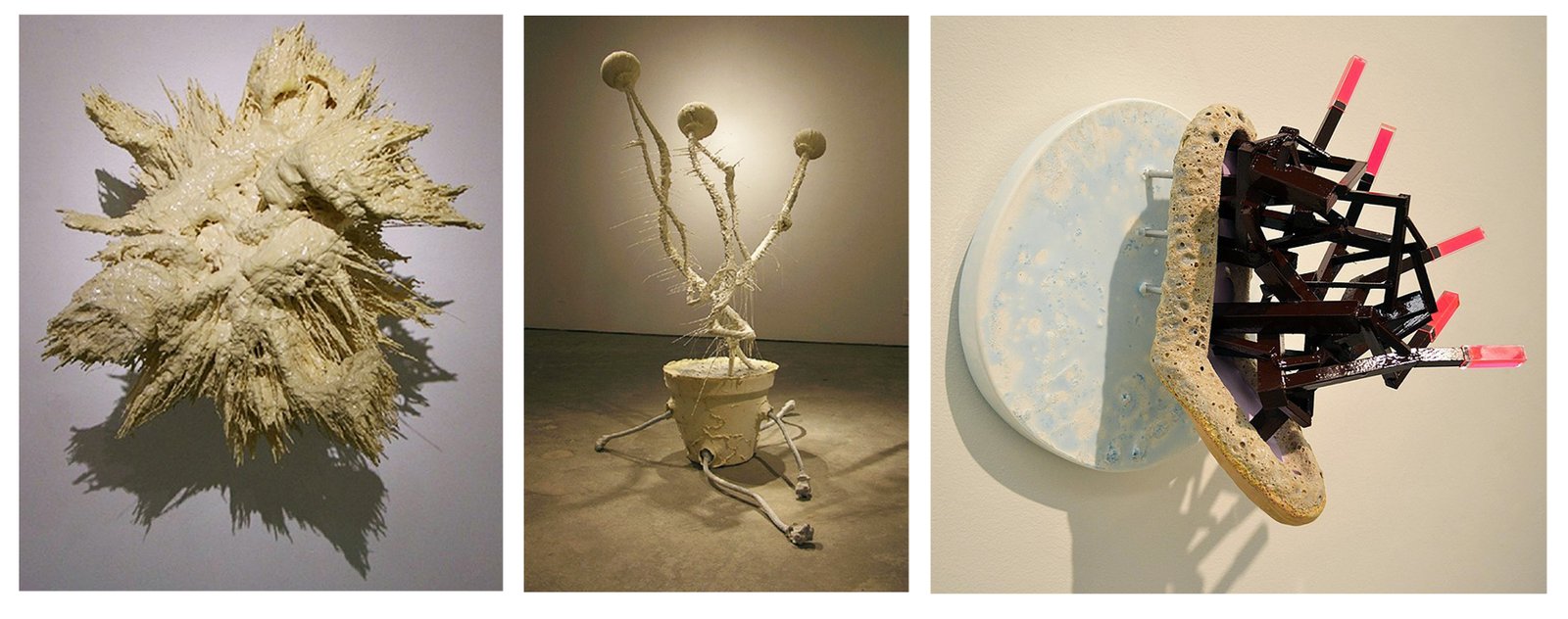 Matt Mitros, (Left) Center; resin; 2006 (Middle) Root Down; resin, plaster; 2005 (Right) Bio RAD #4; ceramic, resin, wood; 2012 (F.S.U. Fine Arts Museum permanent collection). Photo credit: Matt Mitros