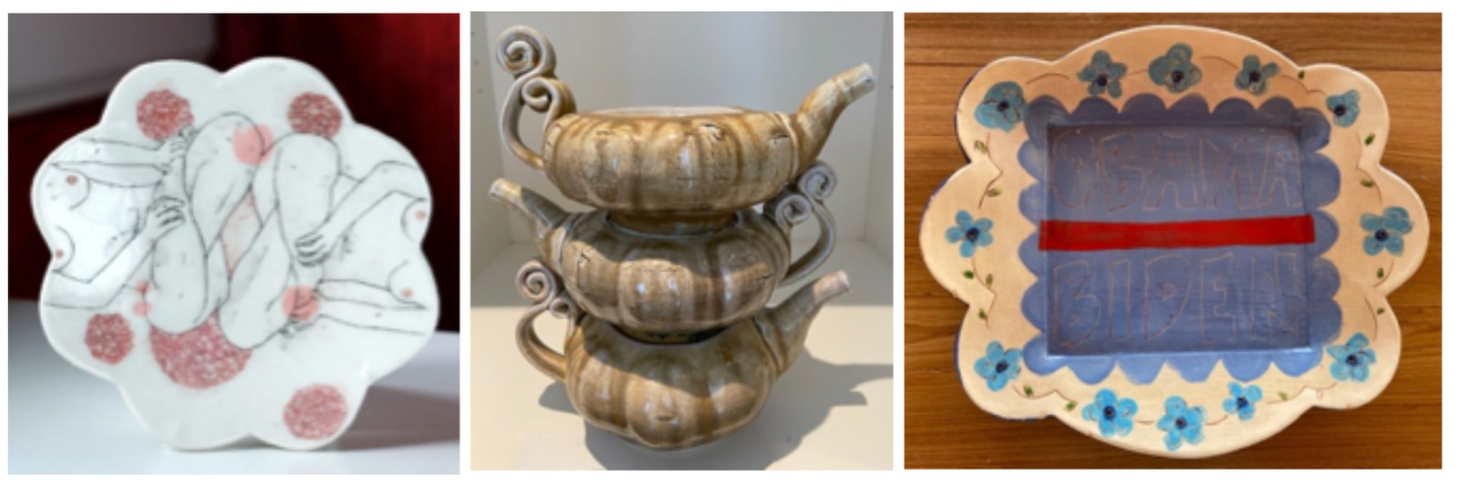 Lauren Gallaspy, Plate, 8 x 8; Lisa Stinson, Stacked Forms, 12 x 9; Jill Oberman, Plate, 10 x 9 x 5.5; Photo credit: Rebecca Sive