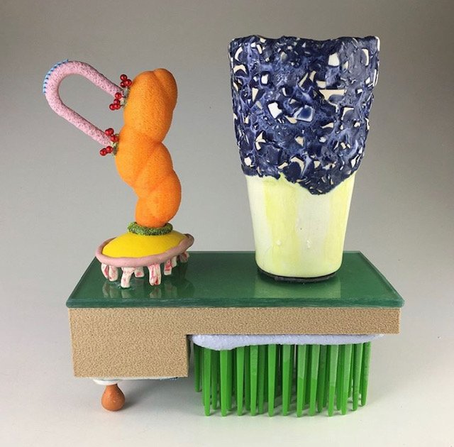 Matt Mitros, Mug Composition no.42, ceramic, Plexiglas, 3d printed wood/PLA, plastic; 2019. Photo credit: Matt Mitros
