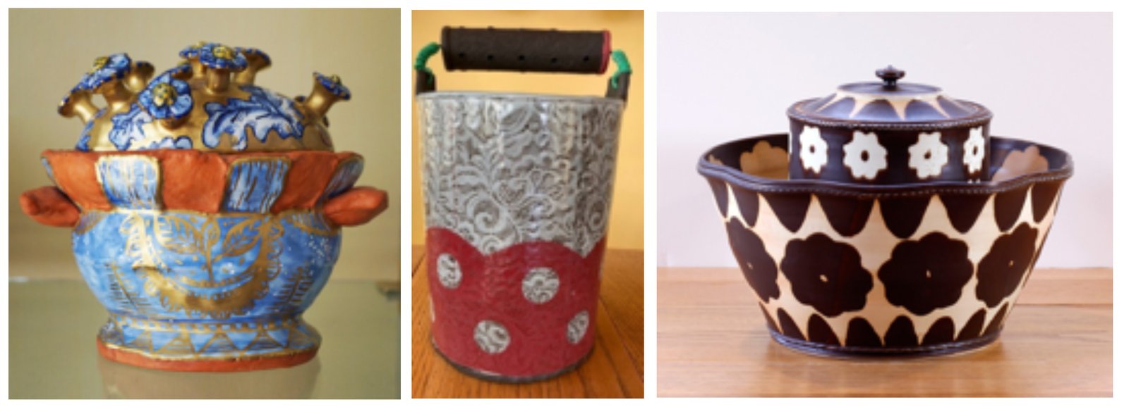 Liz Quackenbush, Covered Tureen, 7 x 8 x 5; Ashley Kim, Wine Cooler, 13 x 8 x 6.5; Linda Sikora, Counter Pots, 10 x 13.75 x 13.75. Photo credit: Rebecca Sive