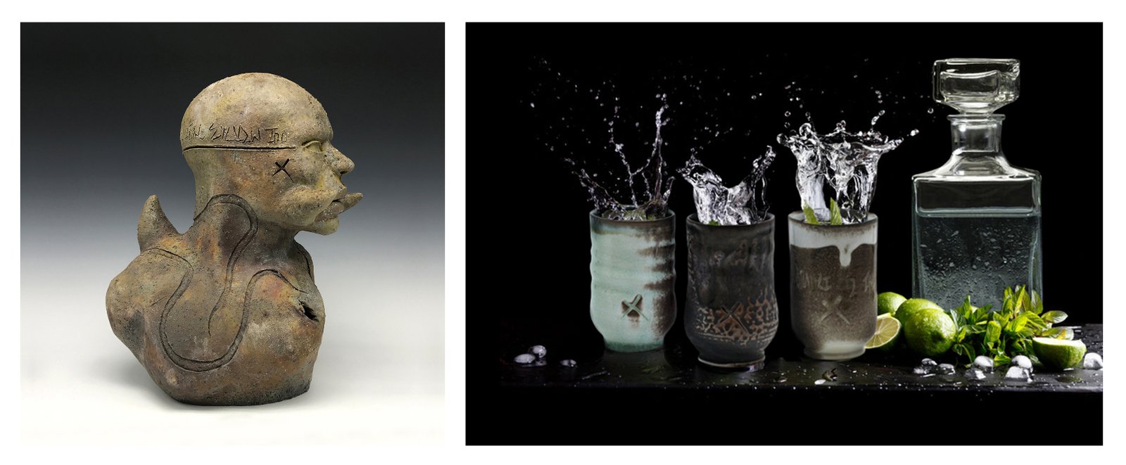 Left, Sy, Revolt Chargers series (2020), wood fired, 14 x 11.5 x 7.5 in. Right, ASxVO Barware, Augusta Smith and Virgil Ortiz collaboration (2020). Photo credit: Virgil Ortiz
