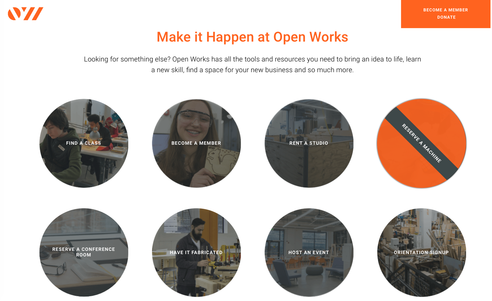 Options available through Open Works website for budding entrepreneurs and inventors.