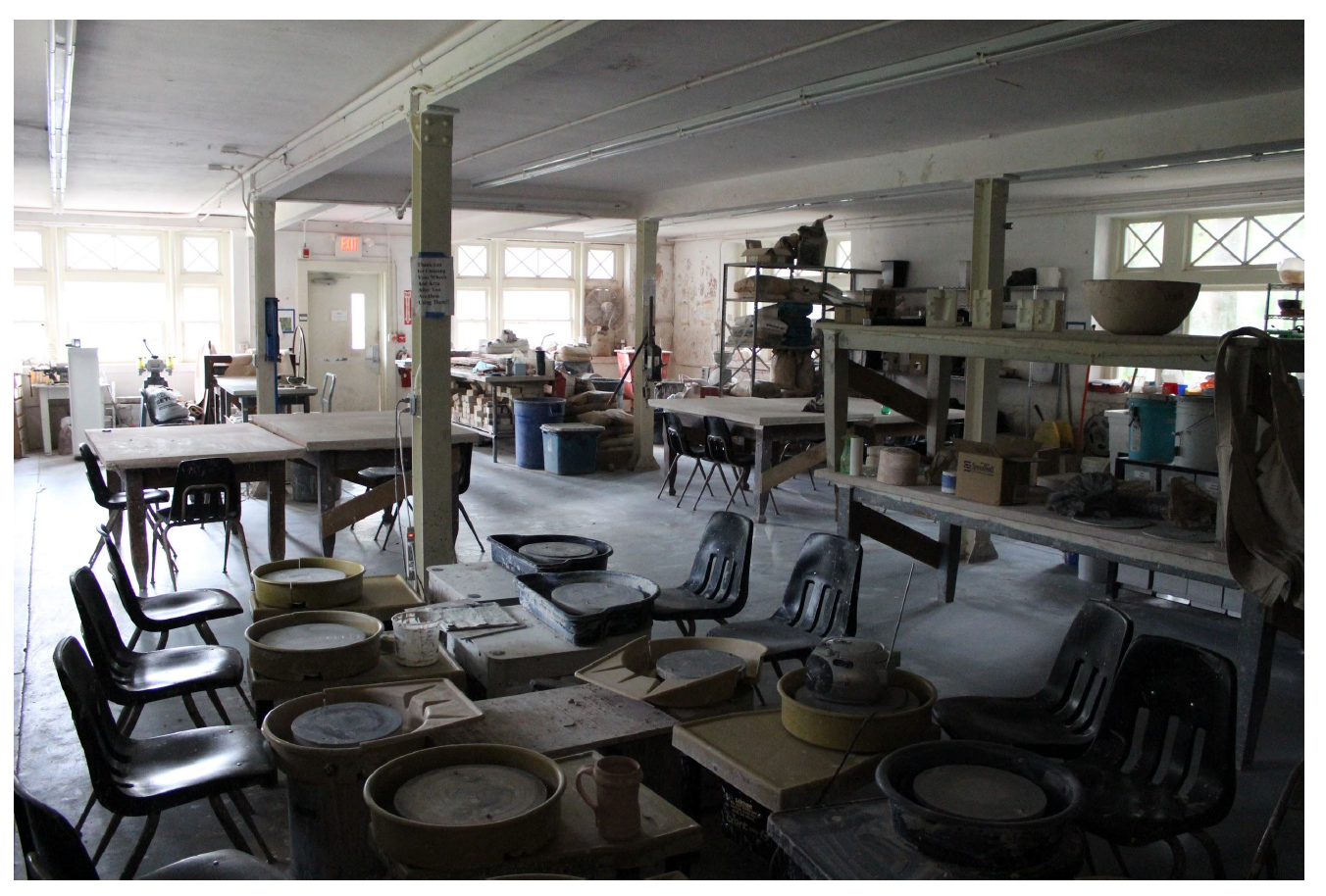 A desolate image of the once busy ceramics studio post-shift to online classes. Photo credit: Angelina Dimagro