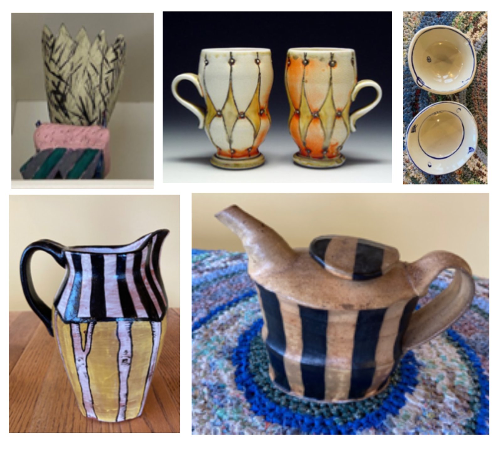 Aurore Chabot form, 7 x 5 x 3; Lorna Meaden, Mugs, 5.5 x 4.5 x 2.25; Victoria Christen, Small Dishes, 6.5 x 3 x 3; Stacey Pearson, Pitcher, 8 x 6 x 3.5; Linda Christianson, Pouring Pot, 7 x 9.5 x 3. Photo credit: Rebecca Sive.