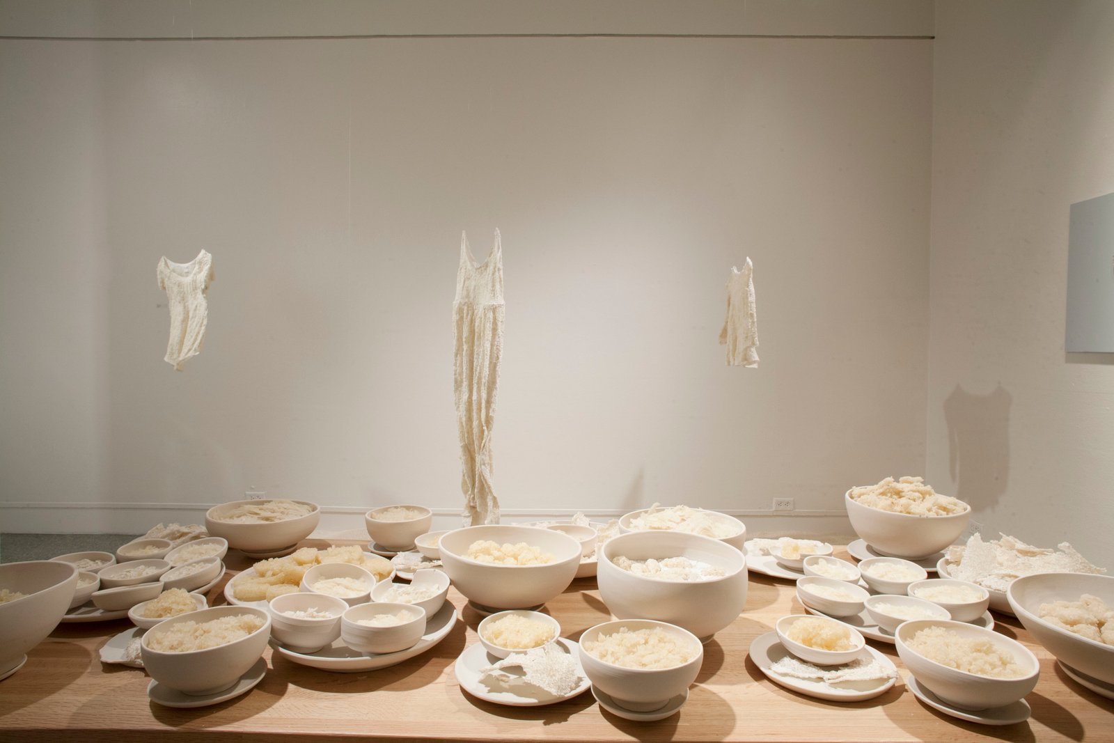 Linda Tien. Ellipsis (installation image) porcelain, rice, wood, silk, size variable 2016. Photo credit: Zachary Felts