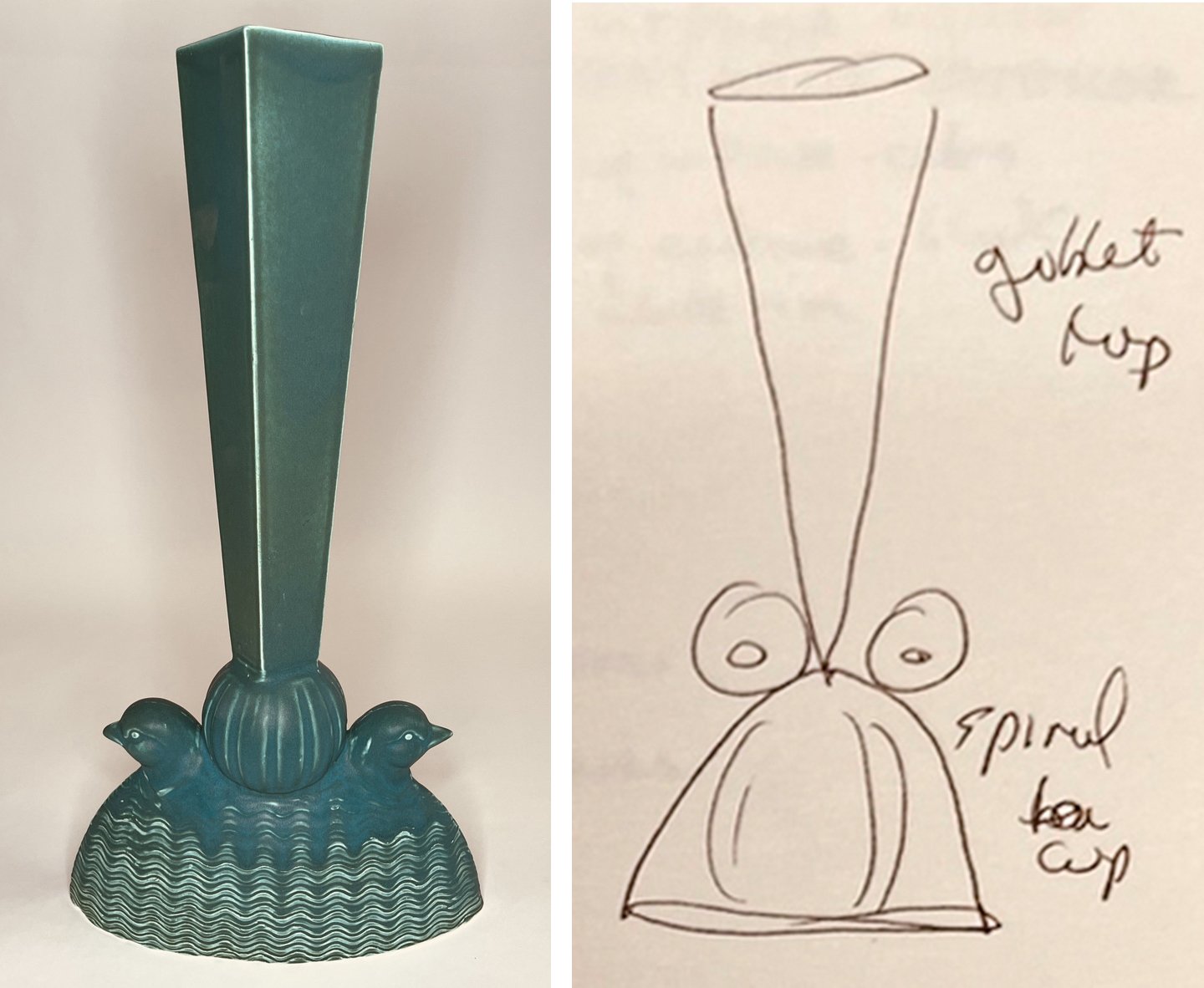 Left: Green Vase With Birds, 2023-2024. Right: early sketches