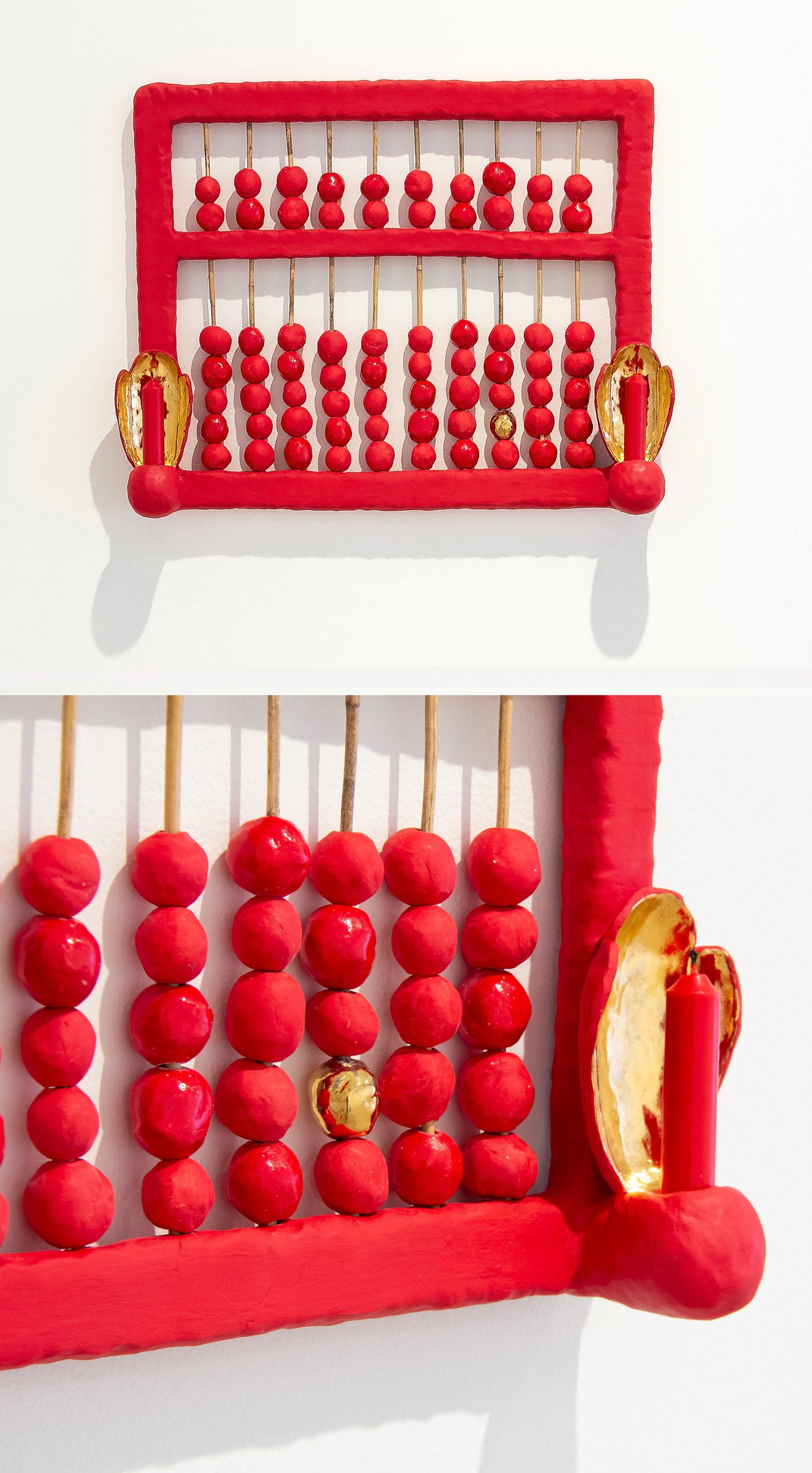 Micah Lewis-Văn Sweezie, Count Your Blessings, 2025. Stoneware, porcelain, rattan, gold luster. Image courtesy of Old Friends Gallery. Micah Lewis-Văn Sweezie, Count Your Blessings, 2025. Stoneware, porcelain, rattan, gold luster. Image courtesy of Old Friends Gallery.
