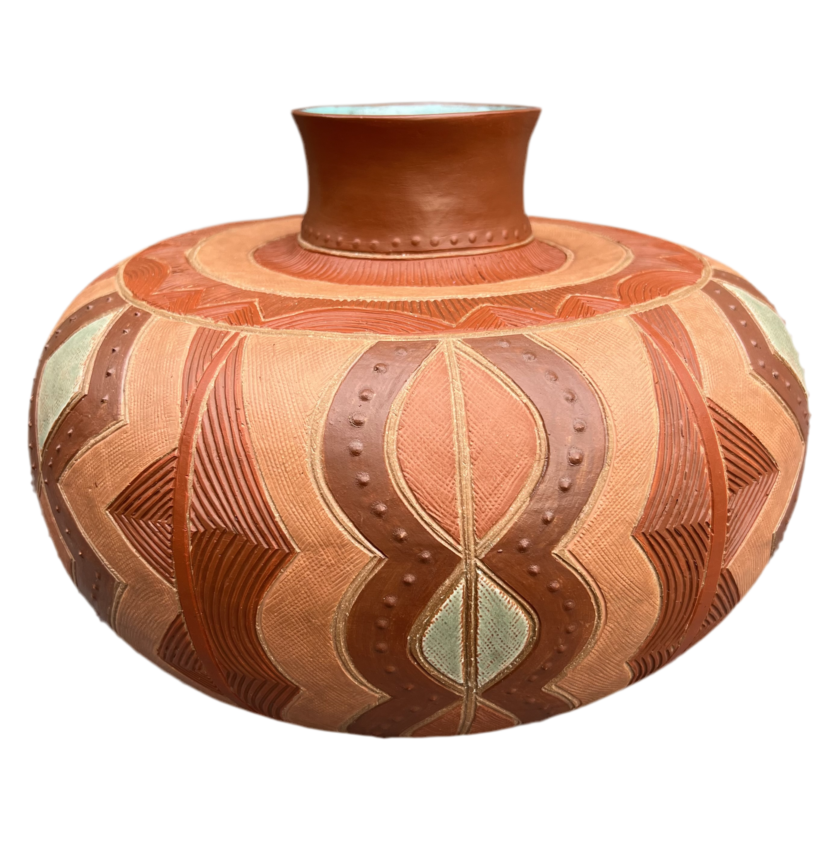 Earth Tone Water Pot. Decorated with clays from New Mexico, Arizona, Alabama, and Louisiana.
