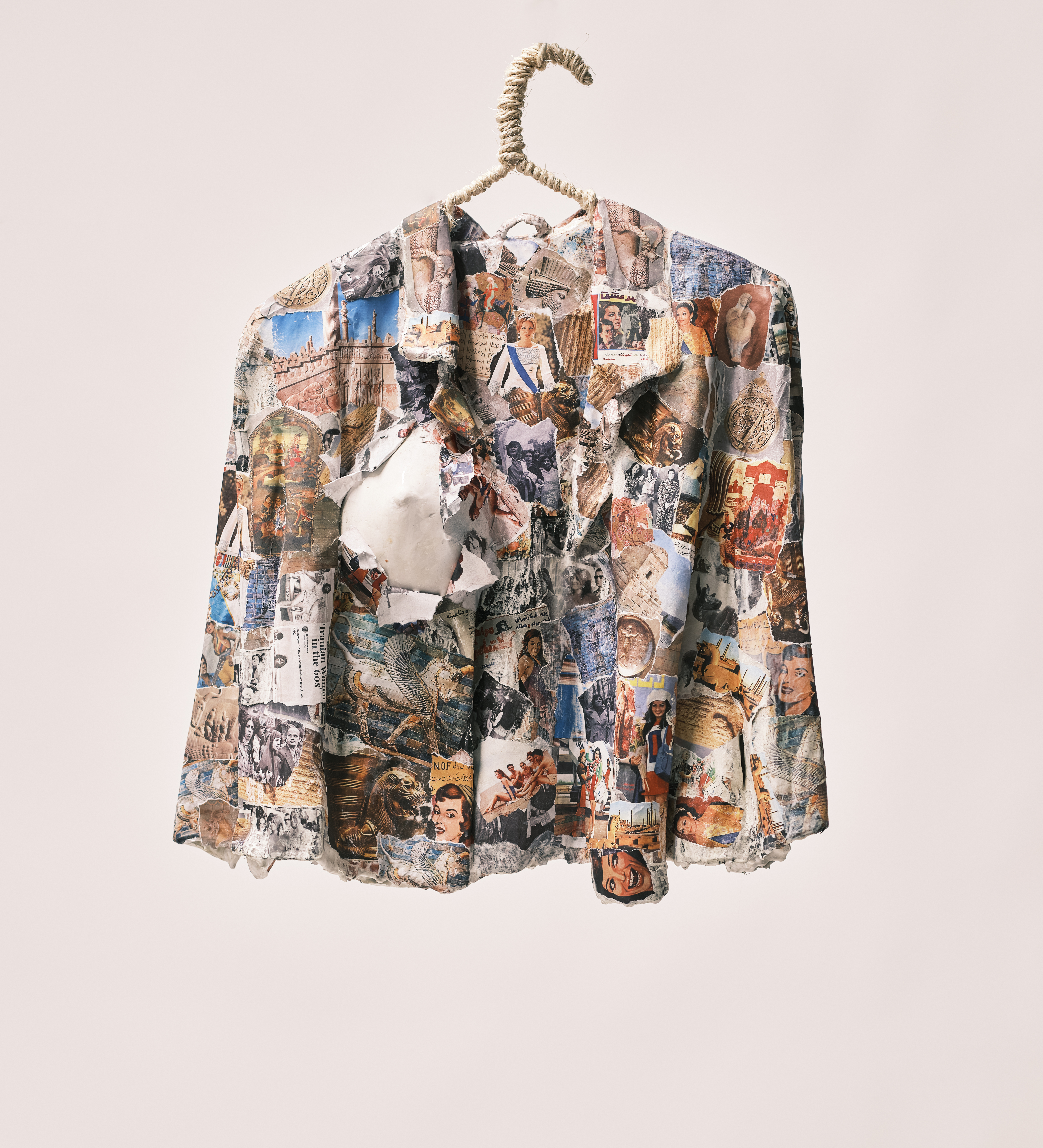 Elham Sabri, “King”, 2024, Fabric, Paper, Plaster, Metal, Smooth Cast, Rope, 17” x 28” x 4”