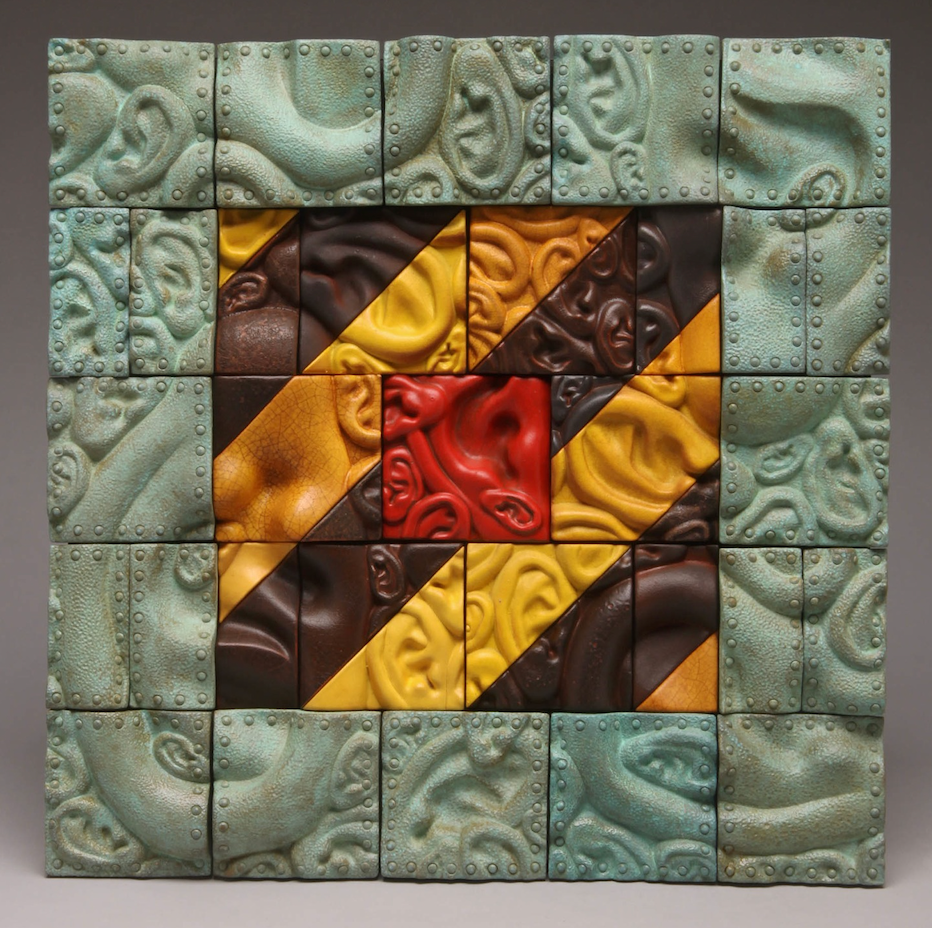 Echoes of a Million Unheard Screams, 2013, ceramic, glaze, stains, copper patina, 14.5 x 14.5 x 3. Photo courtesy of Richard Notkin.