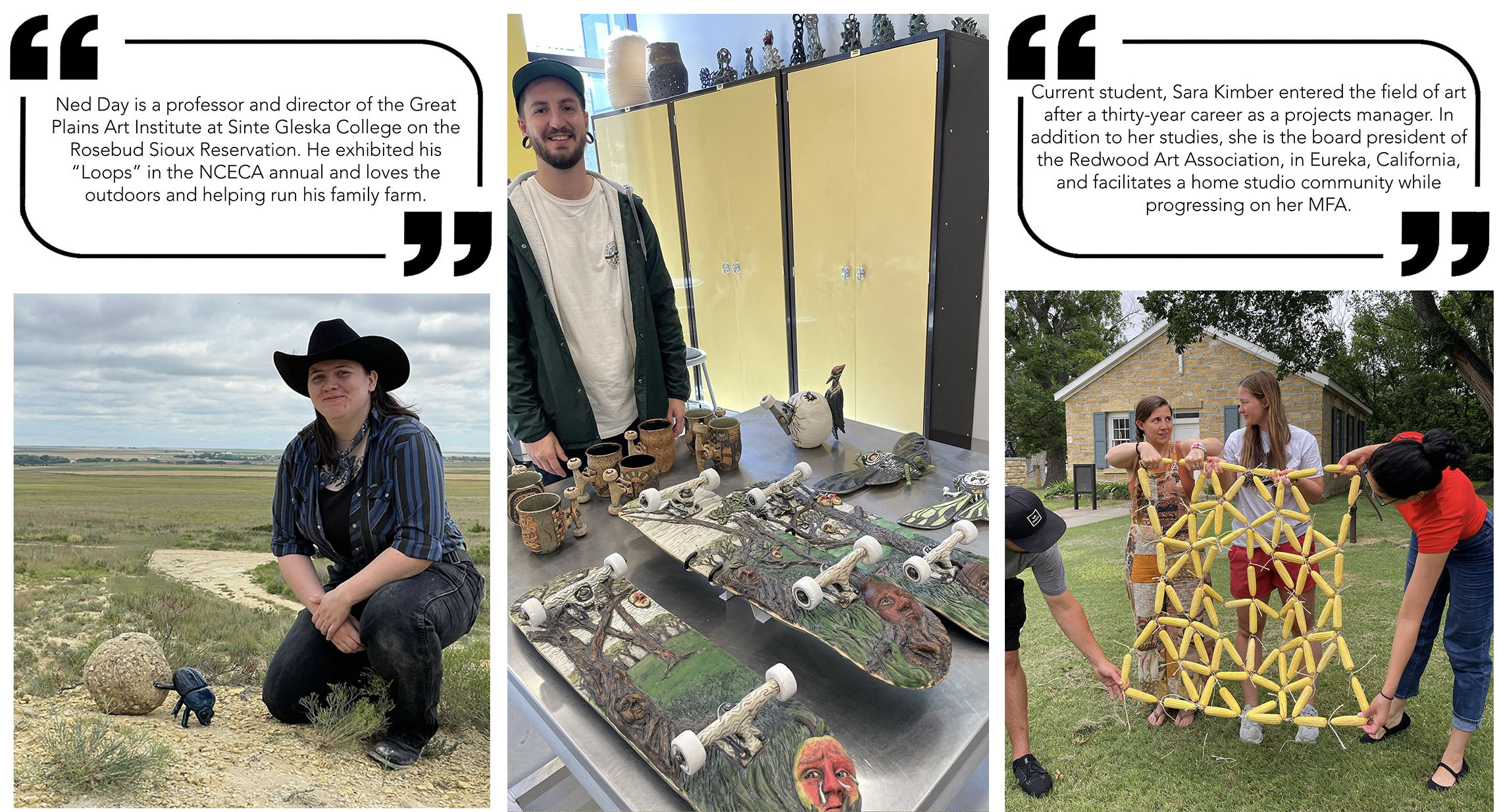 Left top: Linda Ganstrom's reflections. Left bottom: Rylie Hazelton. Center: Dylan Seeney, "Boards." Right top: Linda Ganstrom's reflections. Bottom right: Taylor Craiog and Cari Jean Nelson.