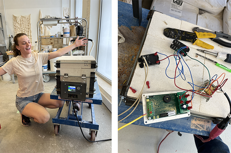 Left: Grad-student Amelia Rosenberg with kiln, 2023. Right: Kiln wiring, 2023.