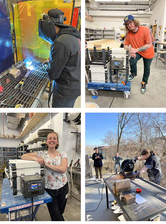 Top left: Student welding kiln stand. Top right: Grad-student, Jamin Shepherd, with kiln, 2023. Bottom left: BFA student, Olivia Ahrens, with kiln, 2023. Bottom right: Student cutting. 