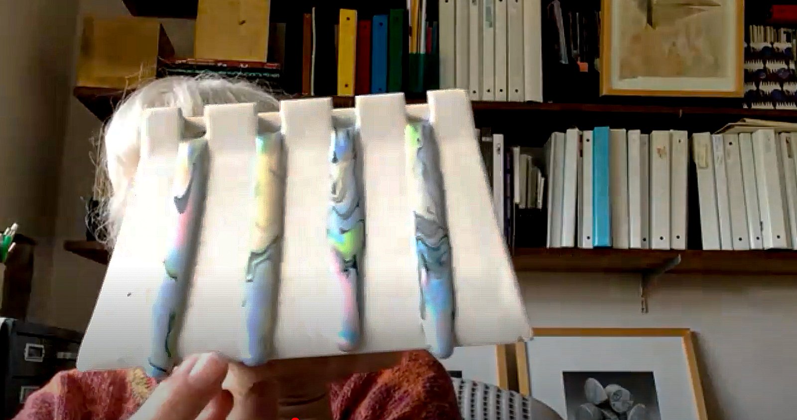 Screen capture still from Zoom chat with Massaro as she shares a close up of one of her Glaze Flow Blocks.